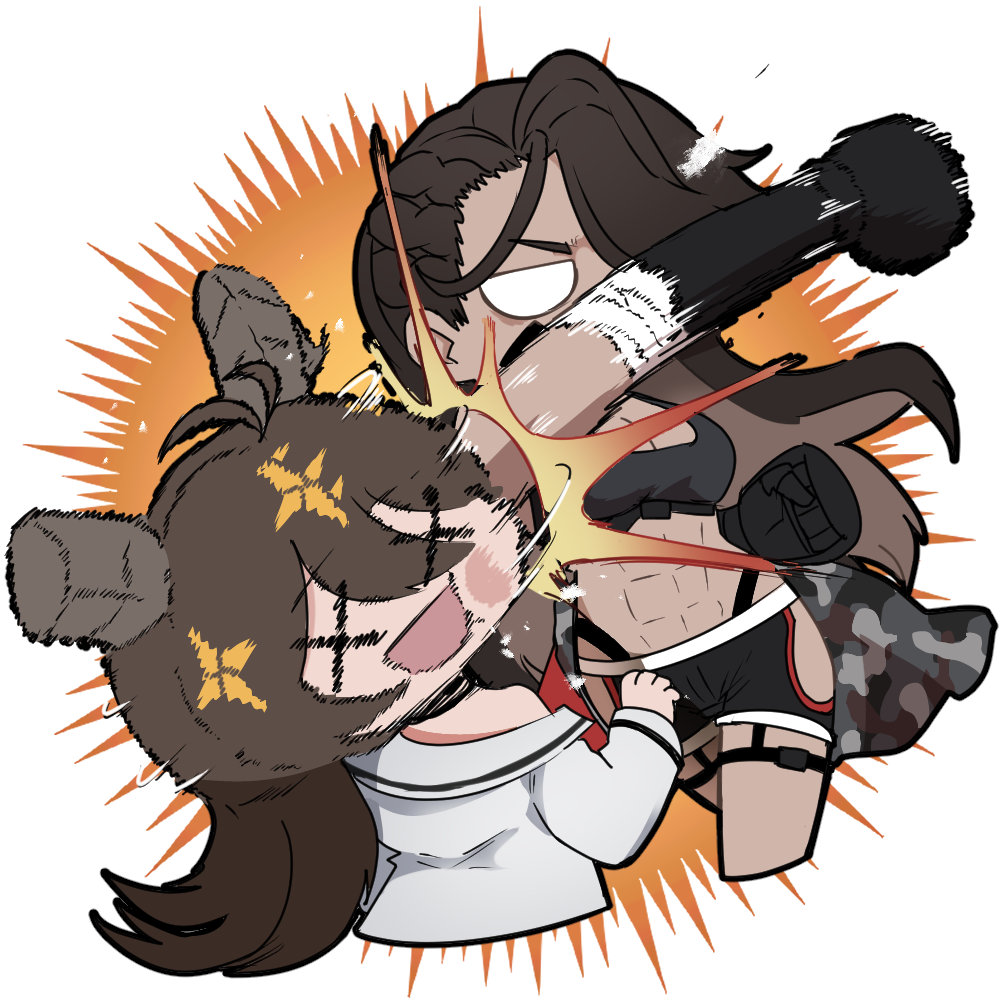2girls abs artist_request black_shorts black_sports_bra boxing_gloves brown_hair character_request chibi chibi_only chinese_commentary dark-skinned_female dark_skin furrowed_brow girls&#039;_frontline girls&#039;_frontline_neural_cloud hip_vent horns long_hair magnhilda_(neural_cloud) motion_blur multiple_girls muscular muscular_female official_art open_mouth punching second-party_source shorts solid_eyes sports_bra x_x