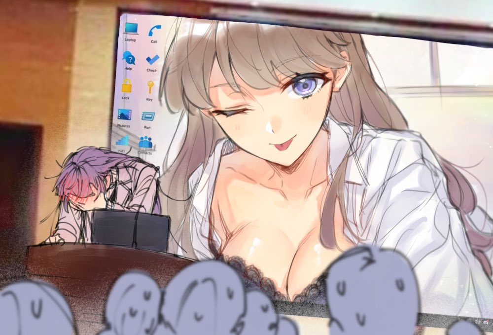 1girl 6+others ;p audience black_bra black_dress blush blush_visible_through_hair blush_visible_through_hands bra breasts brown_hair cleavage closed_mouth coat collarbone collared_shirt commentary computer desktop_(computing) dress dress_shirt english_text facepalm fujishima_megumi head_down laptop large_breasts link!_like!_love_live! long_hair long_sleeves looking_at_viewer love_live! meme multiple_others one_eye_closed open_clothes open_coat open_shirt otomune_kozue otomune_kozue_(winter_casual) photo_background presentation_gone_wrong_(meme) purple_eyes purple_hair selfie shirt smile sweat tongue tongue_out underwear virtual_youtuber white_shirt zenma_trang