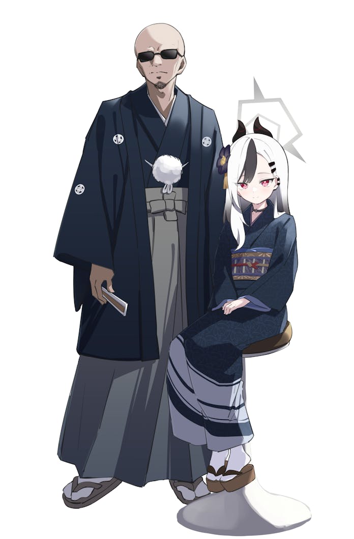 1boy 1girl bald black_hair black_horns black_kimono blue_archive closed_mouth commentary_request commission demon_horns ear_piercing facial_hair flower goatee hair_flower hair_ornament hairclip halo holding horns japanese_clothes kayoko_(blue_archive) kayoko_(dress)_(blue_archive) kimono long_hair long_sleeves looking_at_viewer namaonpa official_alternate_costume on_stool piercing red_eyes sandals simple_background sitting skeb_commission socks standing sunglasses swept_bangs white_background white_hair white_socks wide_sleeves