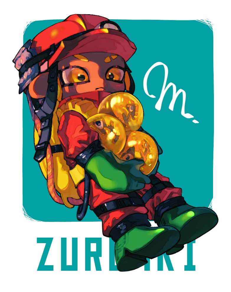 1girl boots closed_mouth commentary_request dark-skinned_female dark_skin eyebrow_cut full_body gloves golden_egg_(splatoon) green_boots green_gloves harness headlamp helmet high-visibility_clothing high-visibility_vest holding jumpsuit lifebuoy mining_helmet nintendo octoling octoling_girl octoling_player_character orange_eyes orange_hair red_helmet red_jumpsuit rubber_boots rubber_gloves salmon_run_(splatoon) short_hair solo splatoon_(series) splatoon_3 swim_ring tentacle_hair zuru4ki