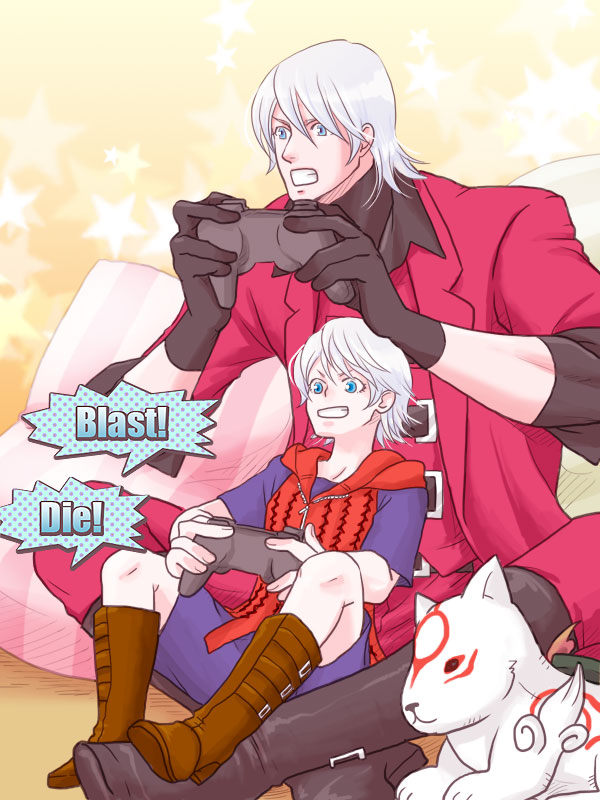 2boys capcom chibiterasu child company_connection crossover dante_(devil_may_cry) devil_may_cry devil_may_cry_(series) devil_may_cry_4 english_text multiple_boys nero_(devil_may_cry) ookami_(game) ookamiden playing_games smile