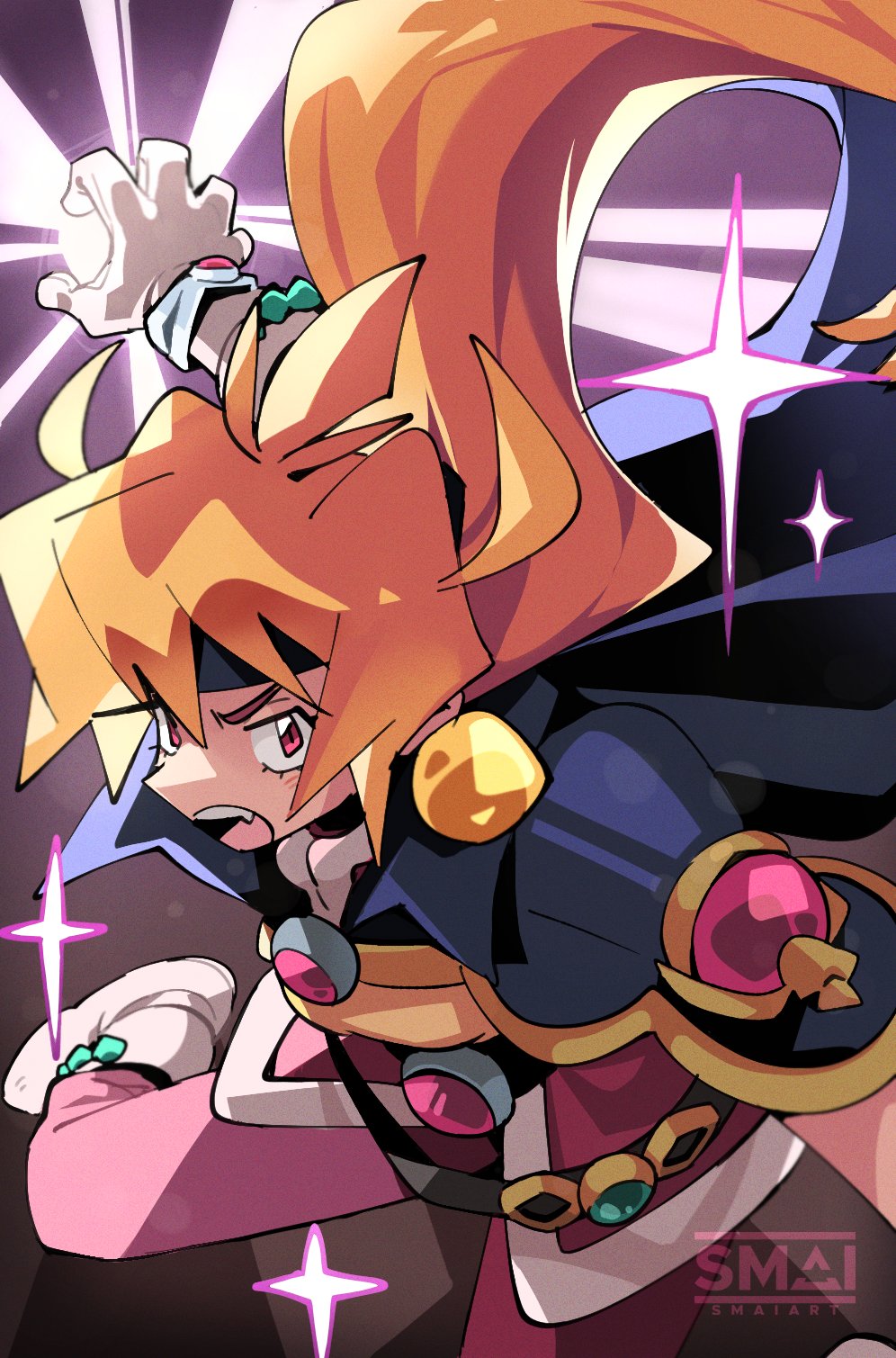 1girl armor black_headband blush bracelet cape dynamic_pose earrings four-pointed_star gloves headband highres jewelry lina_inverse long_hair magic open_mouth orange_hair pants pauldrons red_eyes red_pants sami_briggs shoulder_armor slayers