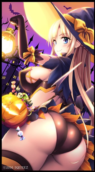 1girl ass bat_(animal) blonde_hair blue_eyes blush breasts covered_erect_nipples female_focus from_behind halloween halloween_costume hat honoo_no_haramase_oppai_ero_appli_gakuen huge_ass huge_breasts lamp long_hair looking_at_viewer moon pumpkin ribbon shiramine_sumika sideboob smile solo squeez_(artist) sweats thighhighs witch_hat yuibi