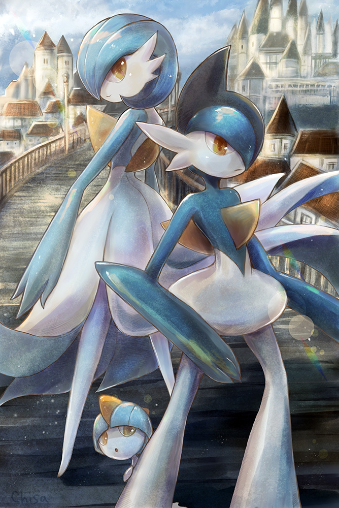 alternate_color blue_hair blue_skin bob_cut bowl_cut bridge castle colored_skin dress gallade gardevoir gen_3_pokemon gen_4_pokemon momomo12 multicolored_skin nintendo no_feet orange_eyes parted_lips pokemon pokemon_(creature) ralts shiny_pokemon smile town two-tone_skin white_dress white_skin