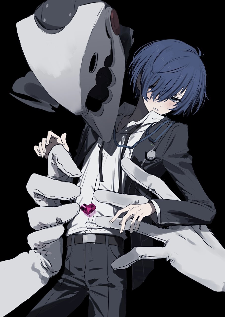 black_background black_jacket black_pants black_ribbon blue_eyes blue_hair blush collared_shirt commentary_request gekkoukan_high_school_uniform gloves hair_between_eyes hair_over_one_eye heart highres jacket long_sleeves male_focus pants persona persona_3 ribbon school_uniform shirt simple_background sweat tamaon_2525 thanatos_(persona) white_gloves white_shirt yuuki_makoto_(persona_3)