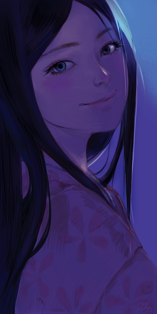1girl backlighting black_hair blue_background blue_eyes blue_theme close-up closed_mouth commentary darkness english_commentary eyelashes floral_print gradient_background happy head_tilt japanese_clothes kaguya-hime_no_monogatari kaguya_hime lips long_eyelashes long_hair looking_at_viewer looking_back purple_background purple_theme smile solo straight_hair yumedarling