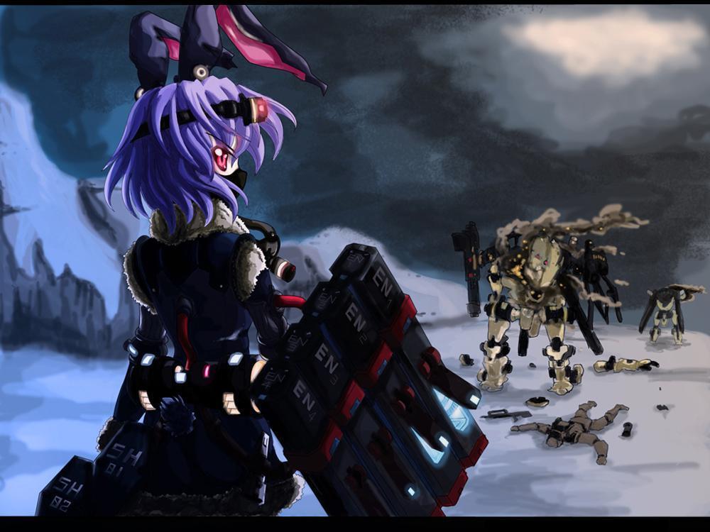 1girl animal_ears assault_rifle astronaut battle bullpup capcom extra female_focus from_behind gun inaba_mob_(touhou) letterboxed looking_back lost_planet lost_planet_2 lying machine_gun mask mecha night night_sky north_abyssor on_stomach pink_eyes purple_hair rabbit_ears reisen_udongein_inaba rifle robot short_hair sky solo touhou weapon