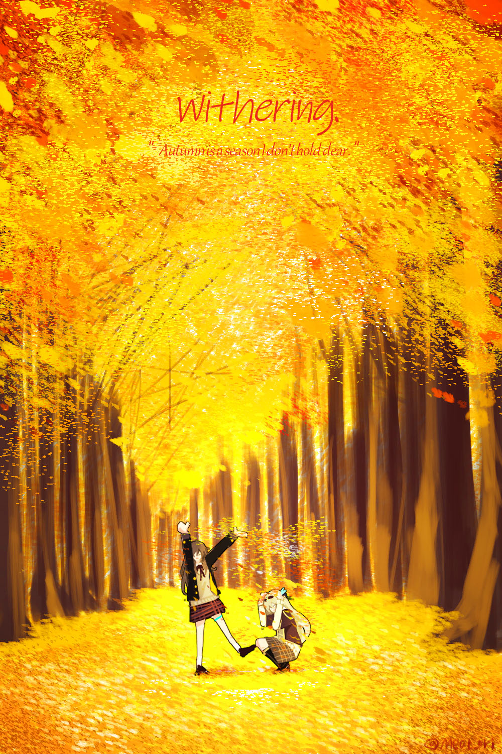 2girls autumn_leaves blonde_hair electronduck english_text firefly_(honkai:_star_rail) forest happy highres honkai:_star_rail honkai_(series) leaf multiple_girls nature school_uniform seasons stelle_(honkai:_star_rail) trailblazer_(honkai:_star_rail) yuri