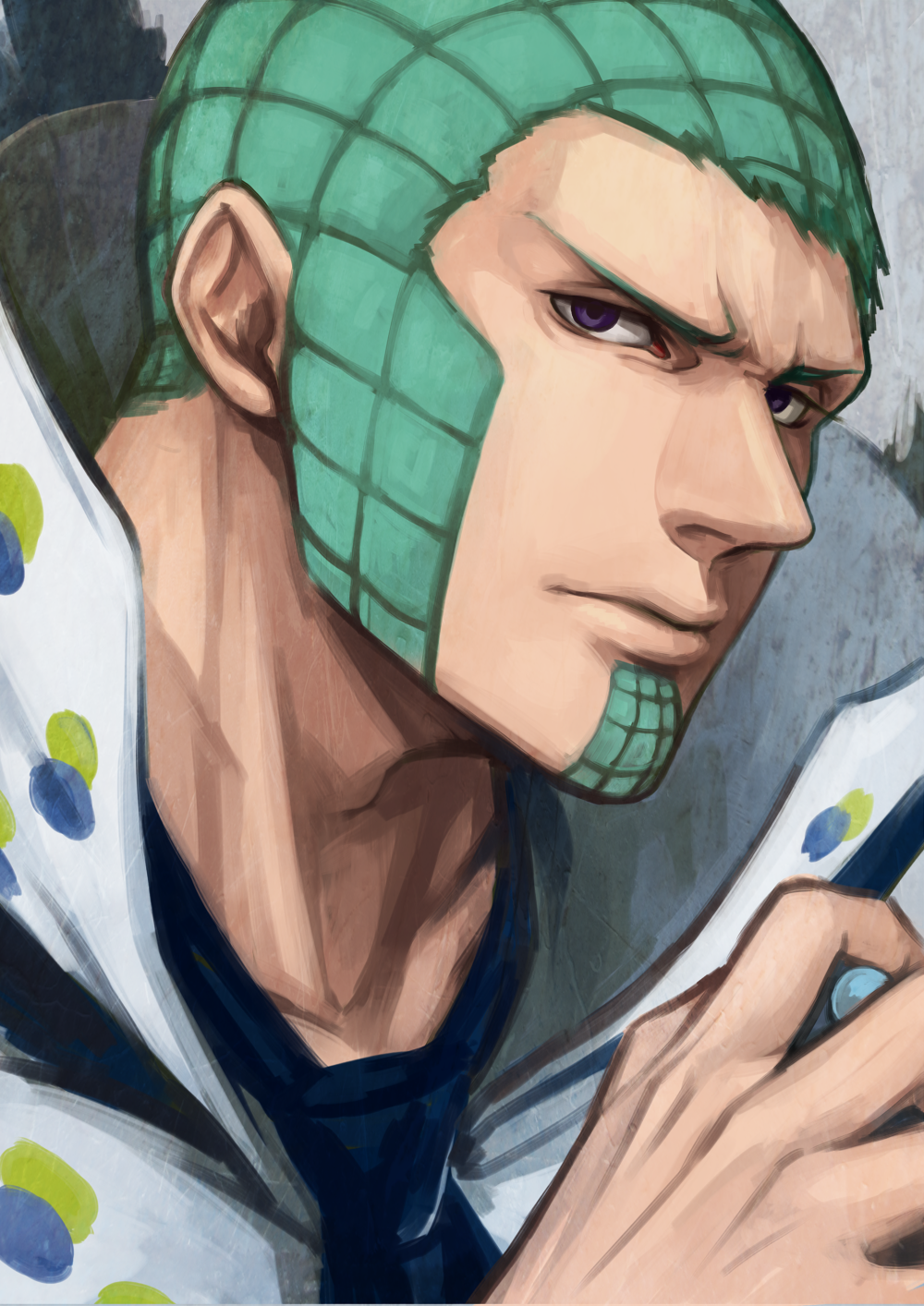 1boy aqua_hair bad_id bad_pixiv_id beard cafemoka-septro facial_hair highres jojo_no_kimyou_na_bouken male_focus purple_eyes solo steel_ball_run wekapipo