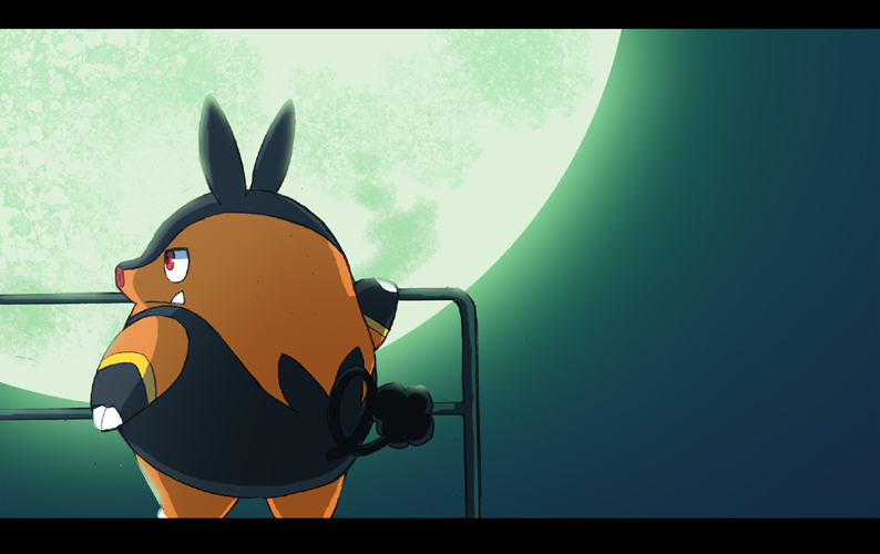 fang full_moon gen_5_pokemon hand_on_railing hijirino_yuuta letterboxed looking_ahead moon neon_genesis_evangelion night nintendo no_humans outdoors parody pignite pokemon pokemon_(creature) railing red_eyes solo standing