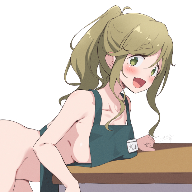 1girl apron blush breasts brown_hair cleavage collarbone fang green_apron green_eyes inuyama_aoi large_breasts long_hair looking_at_viewer miso_(misomiso_154) open_mouth simple_background skin_fang solo table thick_eyebrows white_background yurucamp