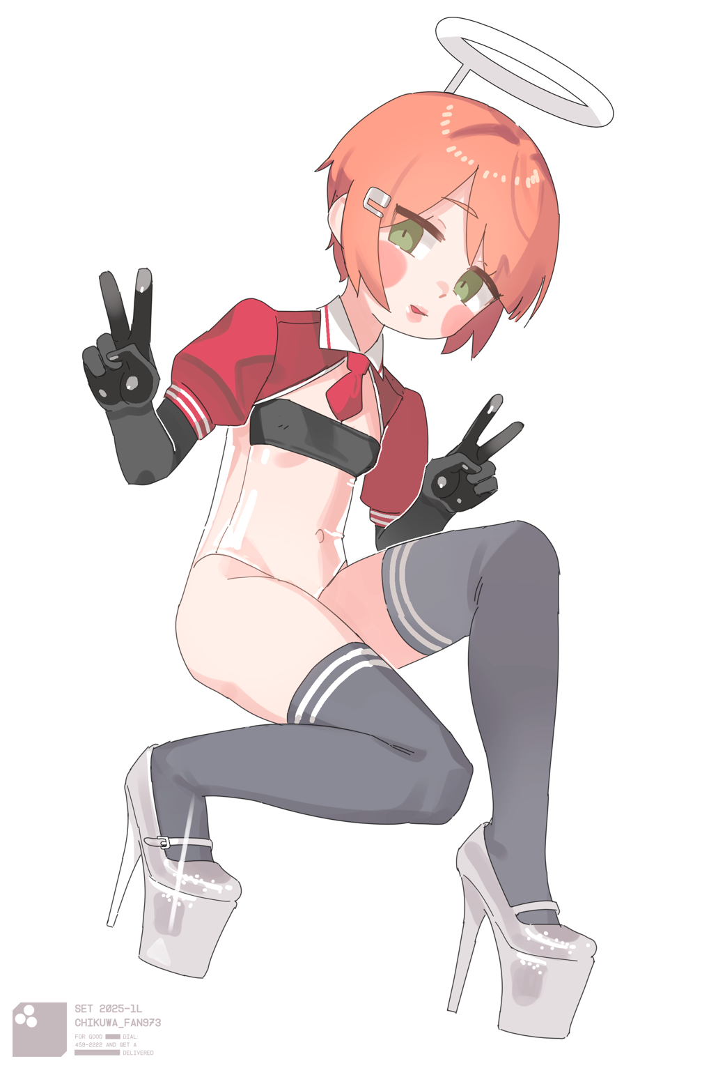 1girl black_gloves black_thighhighs breasts brown_hair chikuwa_fan973 double_v elbow_gloves full_body gloves green_eyes grey_shoes gris_swimsuit hair_ornament hairclip halo high_heels highres meme_attire necktie original outie_navel parted_lips red_necktie shoes short_hair simple_background small_breasts solo thighhighs v white_background