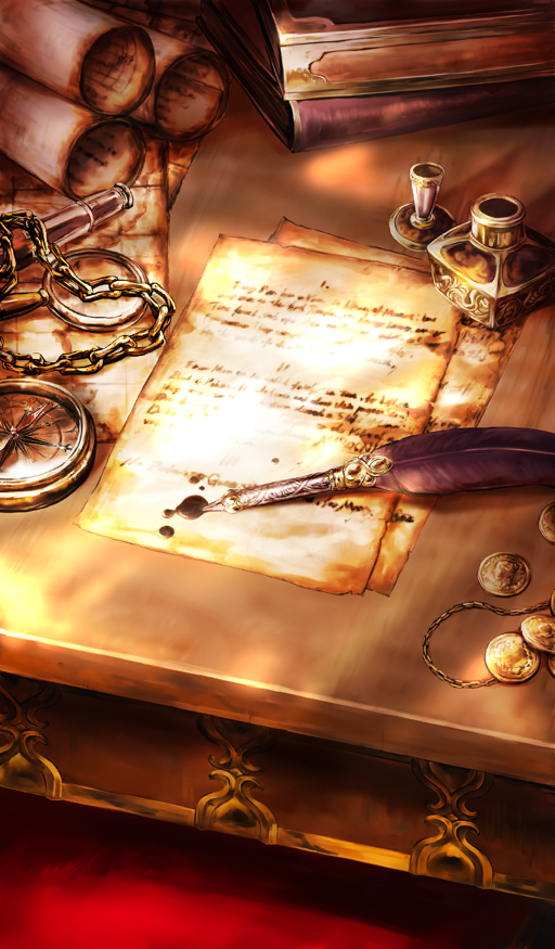 book book_stack brown_theme chain coin commentary compass fate/grand_order fate_(series) gold ink inkwell magnifying_glass no_humans official_art paper parchment quill scroll still_life telescope third-party_source watanabe_satoru