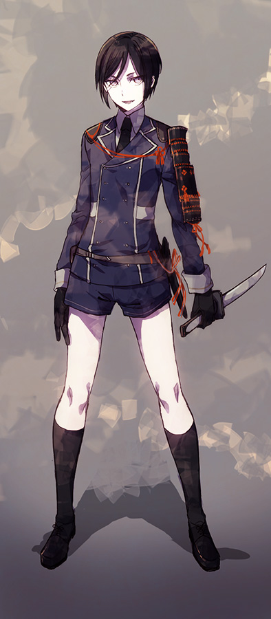 10s 1boy armor black_gloves black_hair black_socks full_body gloves japanese_armor kneehighs male_focus military military_uniform necktie pale_skin purple_eyes short_sword shorts shoulder_armor smile socks sode solo sword tantou tenkuu_sphere touken_ranbu weapon yagen_toushirou