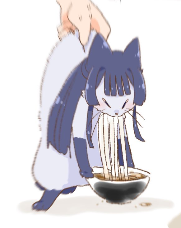 1other animalization black_hair bowl cat closed_eyes commentary_request eating food full_body hutaba idolmaster idolmaster_million_live! long_hair mogami_shizuka motion_blur noodles simple_background udon white_background