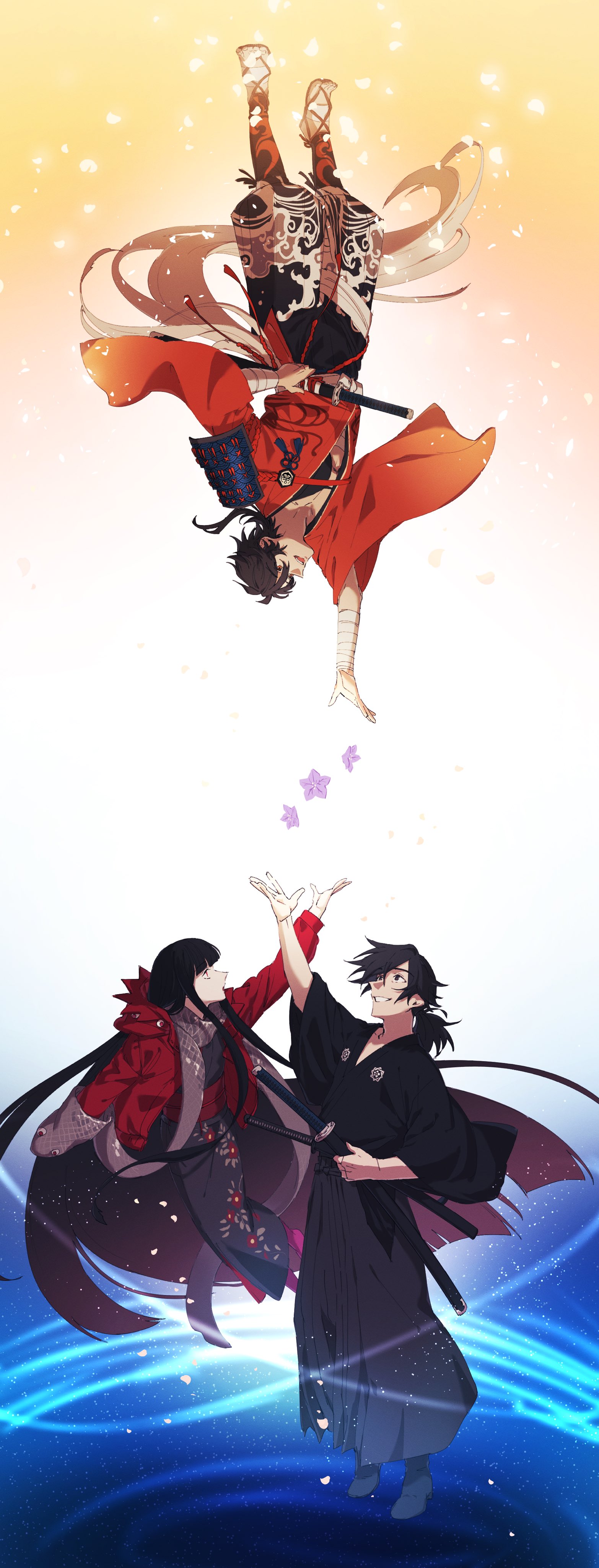 1girl 2boys :d :o absurdres arm_up armor bandaged_arm bandages bellflower black_footwear black_hakama black_kimono blunt_bangs boots brown_hair camellia_print chinese_bellflower crossover falling_petals fate/grand_order fate_(series) floral_print flower full_body grey_scarf hair_over_one_eye hakama hakama_pants hand_puppet highres holding holding_sword holding_weapon hood hood_down hooded_jacket igote jacket japanese_armor japanese_clothes katana kimono kote light_particles long_hair looking_at_another looking_up low_ponytail midriff_sarashi multiple_boys mutsu-no-kami_yoshiyuki obi open_clothes open_jacket open_mouth orange_eyes orange_kimono oryou_(fate) oryou_(lancer)_(fate) pants pantyhose petals pink_pantyhose ponytail puppet purple_flower red_eyes red_jacket sakamoto_clan_(emblem) sakamoto_ryouma_(fate) sakamoto_ryouma_(lancer)_(fate) sarashi sash scale_print scarf sheath sheathed smile sword symmetry teeth tkc_(tkoshinchan) touken_ranbu upper_teeth_only upside-down very_long_hair waraji wave_print weapon white_background