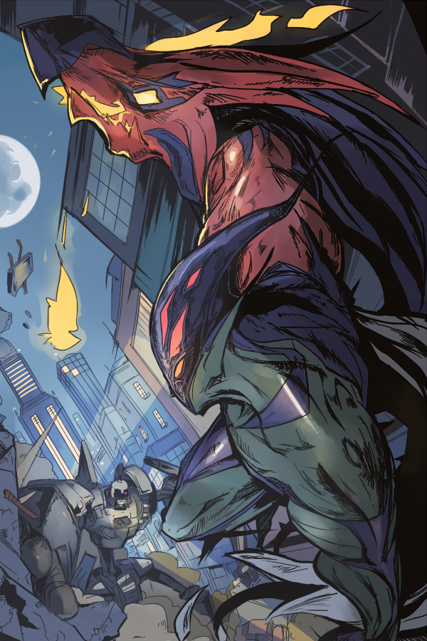 ancient_gear_golem battle black_wings city colored_skin dragon duel_monster elemental_hero_flame_wingman feathered_wings feathers fire gears green_skin jitsu_hidari mecha monster moon orange_eyes outdoors pointy_ears red_eyes robot rubble smoke white_wings wings yellow_eyes yu-gi-oh! yu-gi-oh!_gx