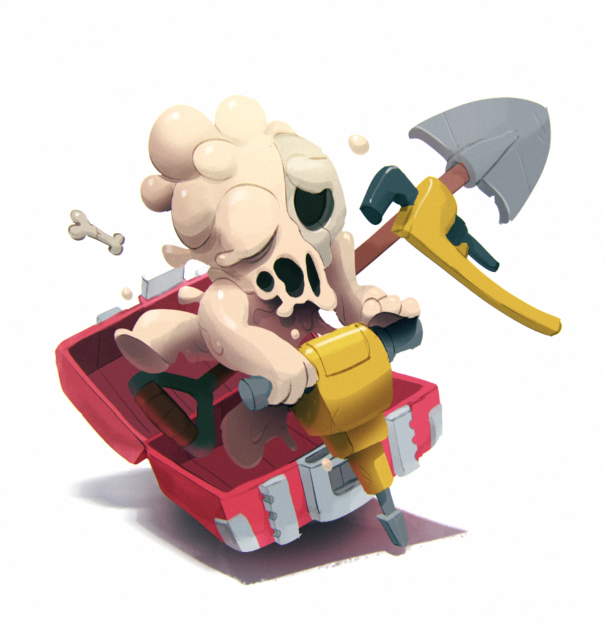 1boy bone case jackhammer justinchans male_focus melting_(nuclear_throne) nuclear_throne official_art power_tool shovel skull solo white_background worktool wrench