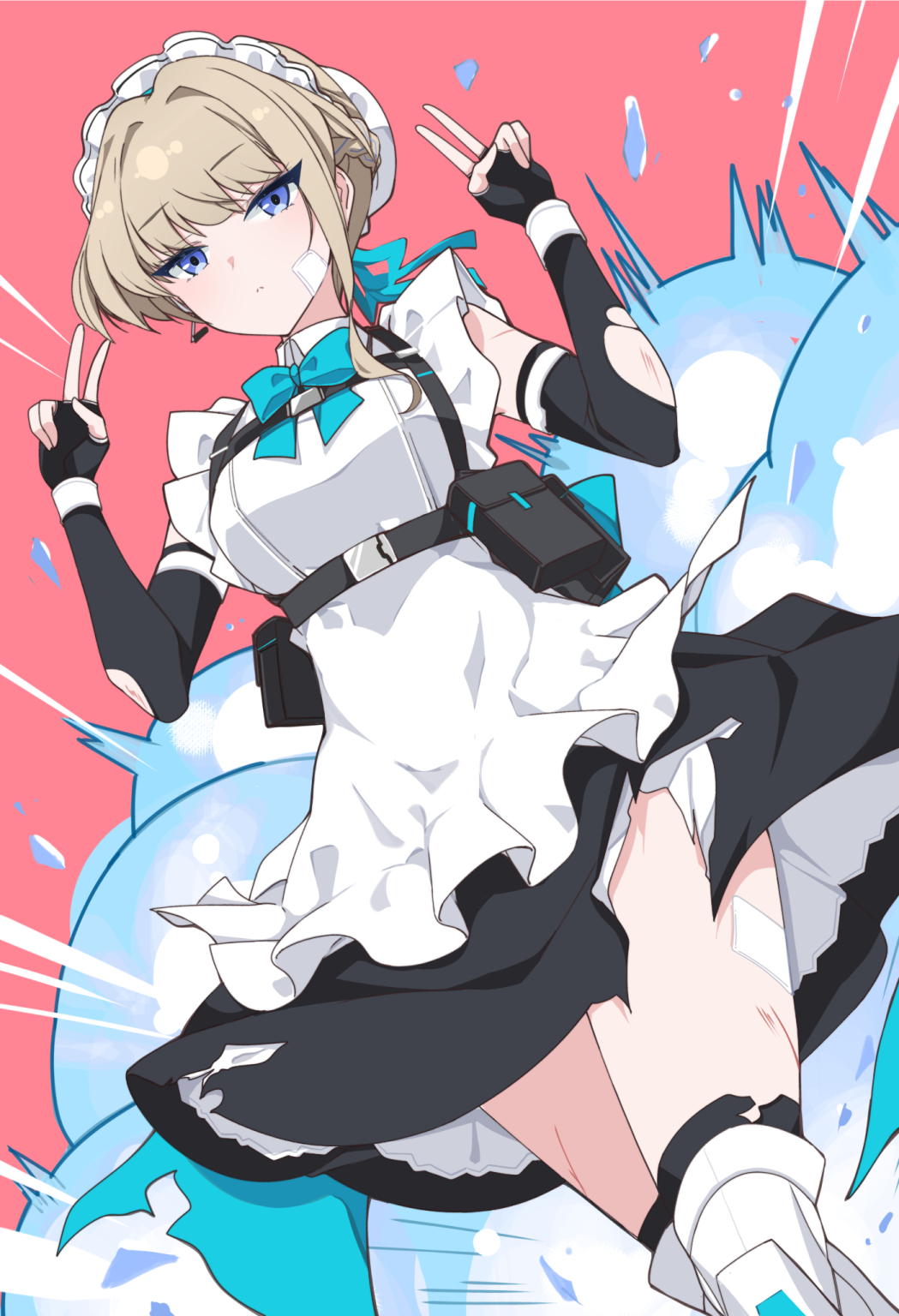 1girl apron bandaid bandaid_on_cheek bandaid_on_face bandaid_on_leg black_gloves black_skirt blonde_hair blue_archive blue_bow blue_bowtie blue_eyes blue_ribbon boots bow bowtie braid bun_cover chest_harness double_v earpiece elbow_gloves explosion fingerless_gloves gloves hair_ribbon half_up_braid harness highres knee_boots maid maid_apron maid_headdress mutou_kurihito ribbon skirt solo toki_(blue_archive) torn_clothes torn_gloves torn_skirt v