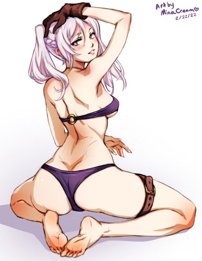 1girl artist_name ass bare_shoulders barefoot bikini blush breasts brown_eyes butt_crack dated feet female_robin_(fire_emblem) fire_emblem fire_emblem_awakening fire_emblem_heroes flower from_behind gloves grey_hair hair_flower hair_ornament long_hair looking_at_viewer looking_back medium_breasts mina_cream nintendo o-ring o-ring_bikini o-ring_top official_alternate_costume pink_flower purple_bikini female_robin_(seaside_tactician)_(fire_emblem) shoulder_blades simple_background sitting smile soles solo squatting swimsuit teeth thigh_strap toes twintails underboob white_hair