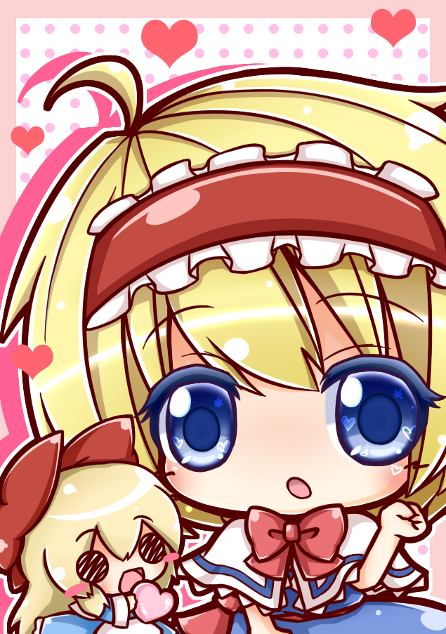 2girls ahoge alice_margatroid blonde_hair blue_eyes blush bow chibi hair_bow hairband heart long_hair multiple_girls open_mouth pink_background ribbon ritateo shanghai_doll short_hair smile solid_circle_eyes touhou