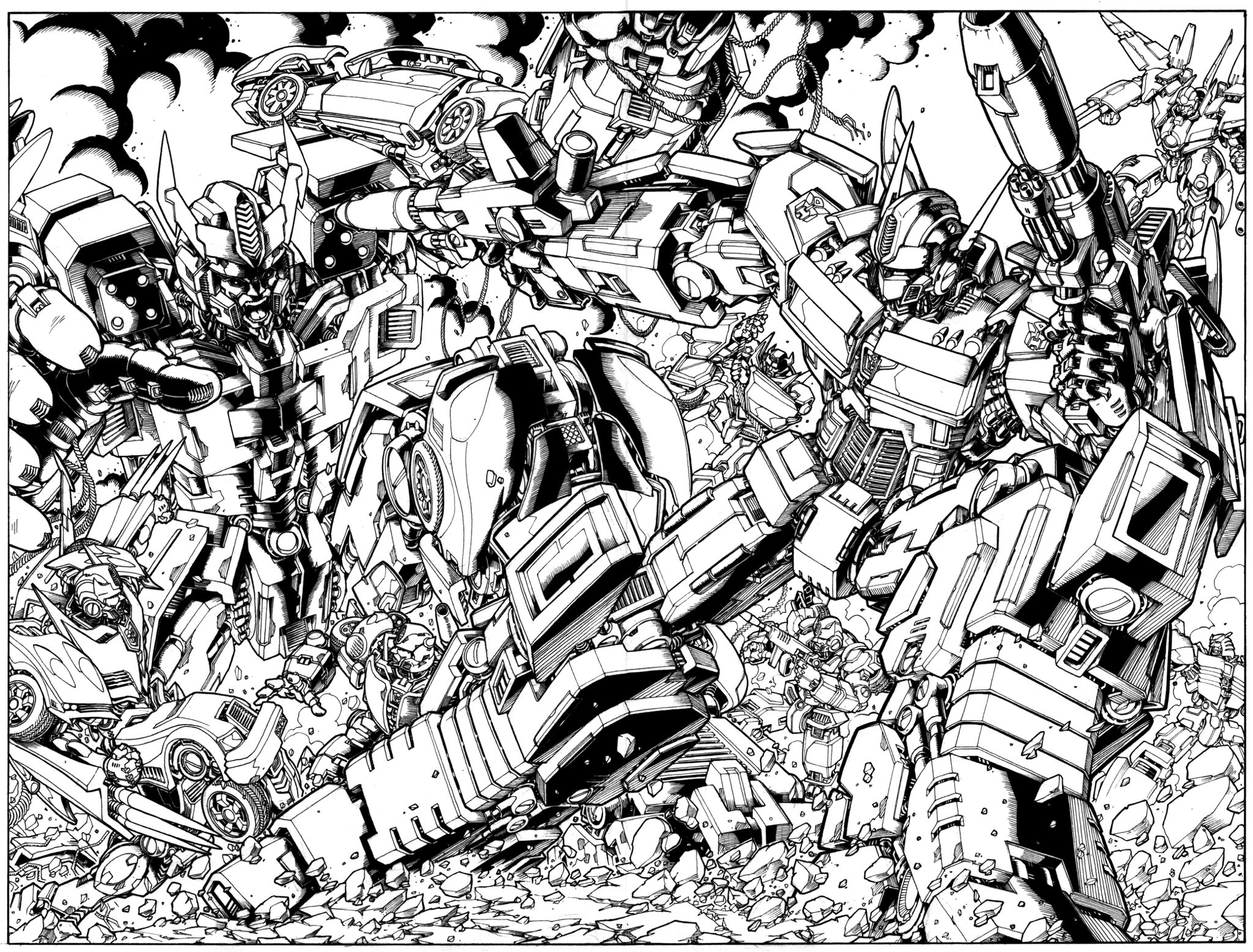 arm_cannon autobot bumblebee_(transformers) cable clenched_hand cliffjumper commentary decepticon don_allan_figueroa dual_wielding english_commentary fighting flying greyscale gun highres holding holding_gun holding_weapon hot_rod_(transformers) jetfire mecha menasor monochrome optimus_prime prowl_(transformers) robot rock science_fiction sideswipe smoke transformers v-fin weapon