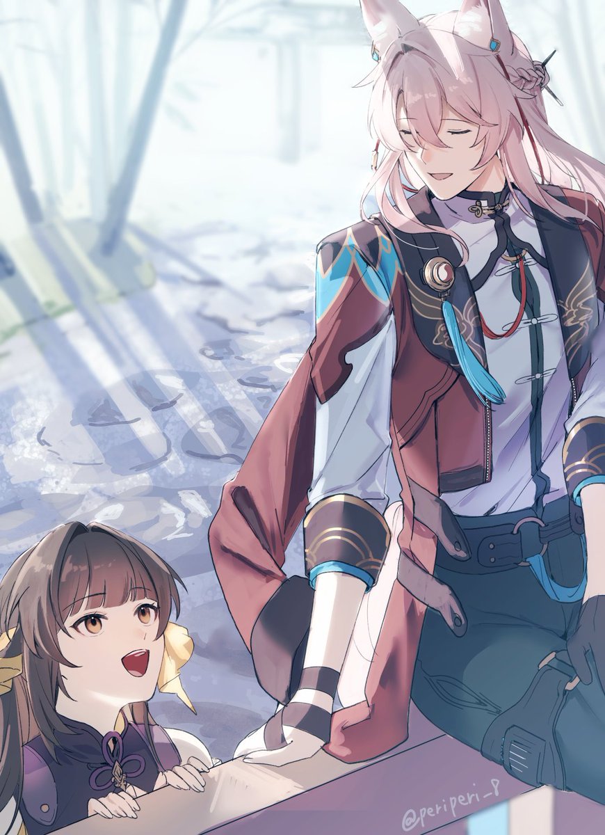 1boy 1girl :d animal_ear_fluff animal_ears arm_support artist_name bamboo bamboo_forest black_gloves blue_pants blue_ribbon blunt_bangs blurry blurry_background braid brown_eyes brown_hair cape chinese_clothes closed_eyes commentary_request day forest fox_boy fox_ears fox_tail gloves hair_between_eyes hair_intakes hair_ornament hair_ribbon hair_stick highres honkai:_star_rail honkai_(series) jiaoqiu_(honkai:_star_rail) long_hair long_sleeves looking_at_another looking_up mandarin_collar nature on_railing open_mouth outdoors pants parted_bangs peridot_(periperi_8) pink_hair railing red_cape red_ribbon ribbon shadow shirt sidelocks single_braid single_glove sitting sleeves_rolled_up smile stone_walkway sushang_(honkai:_star_rail) tail tassel teeth twitter_username u_u upper_teeth_only white_shirt yellow_ribbon