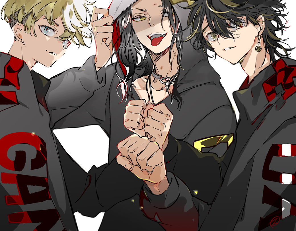 1boy baji_keisuke black_hair black_hoodie blonde_hair choker clenched_hands earrings fist_bump green_eyes hanemiya_kazutora hood hoodie jewelry long_hair male_focus matsuno_chifuyu multicolored_hair multiple_boys smirk streaked_hair suou_(sdurorhr) teeth tokyo_revengers tongue tongue_out upper_teeth_only yellow_eyes
