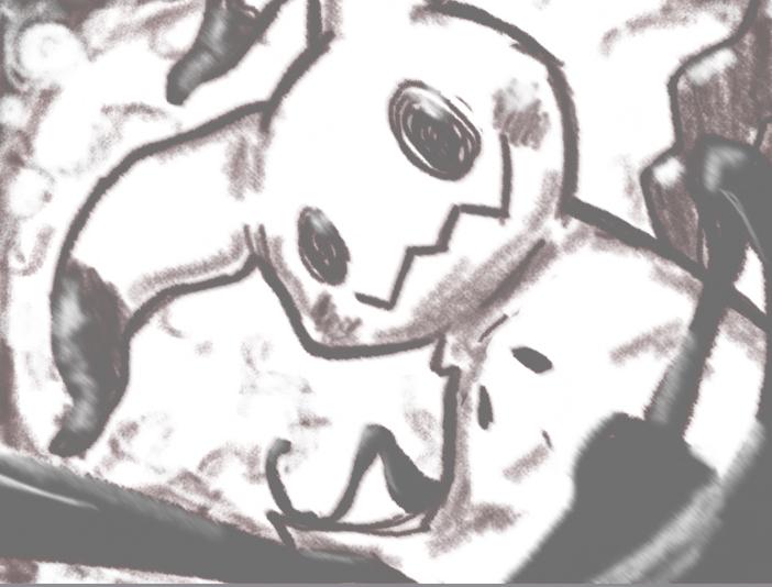 aberu_(ycrr3542) blurry commentary_request creatures_(company) disguise game_freak gen_7_pokemon greyscale mimikyu monochrome motion_blur nintendo no_humans pokemon pokemon_(creature) cleaning_rag solid_oval_eyes solo