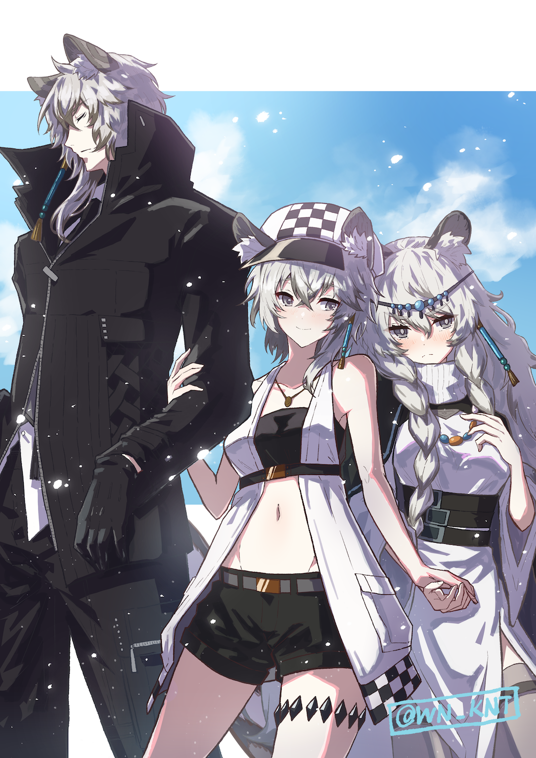 1boy 2girls animal_ear_fluff animal_ears arknights bandeau bare_shoulders bead_necklace beads belt black_bandeau black_gloves black_jacket black_necktie black_pants black_shorts blue_sky blush braid breasts brother_and_sister newsboy_cap checkered_clothes cliffheart_(arknights) closed_eyes closed_mouth cloud collarbone commentary_request cowboy_shot crossed_bangs day dress gloves grey_belt grey_eyes grey_hair grey_thighhighs groin hair_between_eyes hat head_chain highres jacket jewelry leopard_boy leopard_ears leopard_girl leopard_tail long_hair long_sleeves looking_at_another looking_at_viewer material_growth medium_breasts midriff multiple_girls navel necklace necktie oripathy_lesion_(arknights) pants pramanix_(arknights) shirt short_hair short_shorts shorts siblings side_braids silverash_(arknights) sisters sky sleeveless_duster small_breasts smile snow_leopard_boy snow_leopard_ears snow_leopard_girl snow_leopard_tail snowing spotted_tail standing tail thighhighs turtleneck turtleneck_dress twin_braids twitter_username underbust very_long_hair white_shirt wn_(wani-noko)