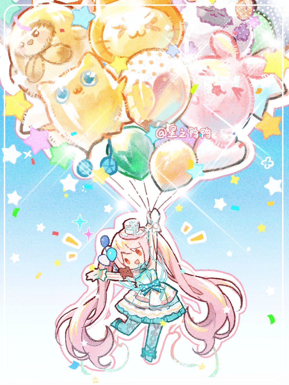 1girl absurdly_long_hair aqua_boots aqua_bow aqua_ribbon aqua_thighhighs arm_up artist_name balloon beanie_(infinity_nikki) blue_background blushbunny boots bow character_balloon cherilynorz children&#039;s_day commentary confetti dance_till_dawn_(infinity_nikki) deformed detached_sleeves dress english_commentary floating florasheep footwear_bow frilled_dress frills gloves gradient_background halftone happy hat highres holding holding_balloon hooded_owl_(infinity_nikki) infinity_nikki long_hair mini_hat mini_top_hat momo_(nikki) neck_ribbon nikki_(series) notice_lines official_alternate_costume open_mouth orange_eyes outline piecey pink_hair pleated_dress polka_dot polka_dot_bow ribbon ribbon_legwear smile solid_oval_eyes solo sparkle star_(symbol) strapless strapless_dress stuffed_animal stuffed_toy teddy_bear thighhighs top_hat twintails vertical-striped_sleeves very_long_hair waist_bow white_background white_dress white_gloves white_hat white_outline white_ribbon white_sleeves