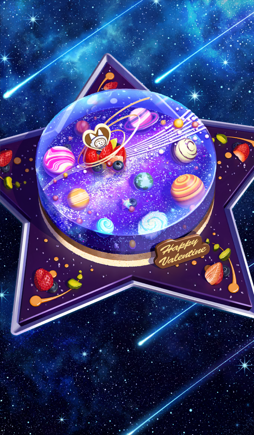 akitaken_(non_faciem) blueberry cake chocolate_river_no_sono_saki_ni commentary_request dessert earth_(planet) fate/grand_order fate_(series) food food_art food_focus food_writing fou_(fate) fruit galaxy happy_valentine heart heart-shaped_food no_humans official_art planet saint_quartz_(fate) shooting_star star_(sky) star_(symbol) starry_sky_background still_life strawberry strawberry_slice third-party_source