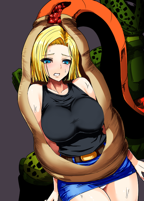 1girl android_18 bare_shoulders belt blonde_hair blue_eyes blush breasts cell_(dragon_ball) dragon_ball dragonball_z ishimiso_(ishimura) large_breasts md5_mismatch microskirt monster panties pantyshot pencil_skirt semi-perfect_cell short_hair skirt solo_focus standing sweat sweatdrop tail tail_vore tank_top underwear upskirt vore x-ray