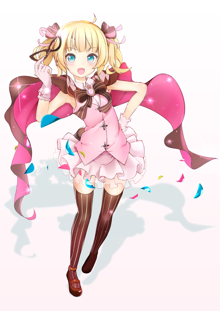 1girl black_mask blue_eyes blush bow brown_footwear cape cloak domino_mask dot_nose frilled_skirt frills gloves gochuumon_wa_usagi_desu_ka? hand_on_own_hip holding holding_mask kirima_syaro layered_skirt mask open_mouth phantom_thief_lapin pinstripe_legwear pinstripe_pattern radiosity_(yousei) shadow short_twintails simple_background skirt sleeveless solo striped_bow striped_clothes striped_thighhighs thighhighs twintails unworn_mask vertical-striped_clothes vertical-striped_thighhighs white_background white_gloves