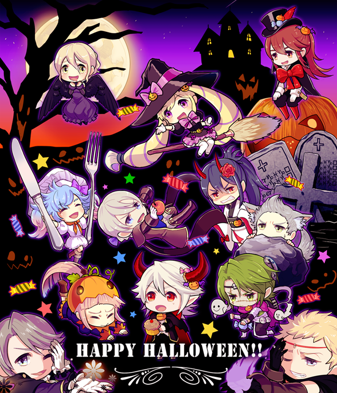 5girls 6+boys apple blonde_hair broom broom_riding castle chef chef_hat male_corrin_(fire_emblem) effie_(fire_emblem) elise_(fire_emblem) felicia_(fire_emblem) fire_emblem fire_emblem_fates food fork fruit full_moon green_hair grey_hair halloween halloween_costume happy_halloween hat hiro_(fe-aran-genkidama) holding holding_food holding_fruit jack-o&#039;-lantern jakob_(fire_emblem) kaze_(fire_emblem) knife laslow_(fire_emblem) moon multiple_boys multiple_girls night night_sky nintendo oboro_(fire_emblem) odin_(fire_emblem) oni peri_(fire_emblem) pink_hair red_hair silas_(fire_emblem) sky subaki_(fire_emblem) tombstone vampire werewolf_costume white_hair witch witch_hat