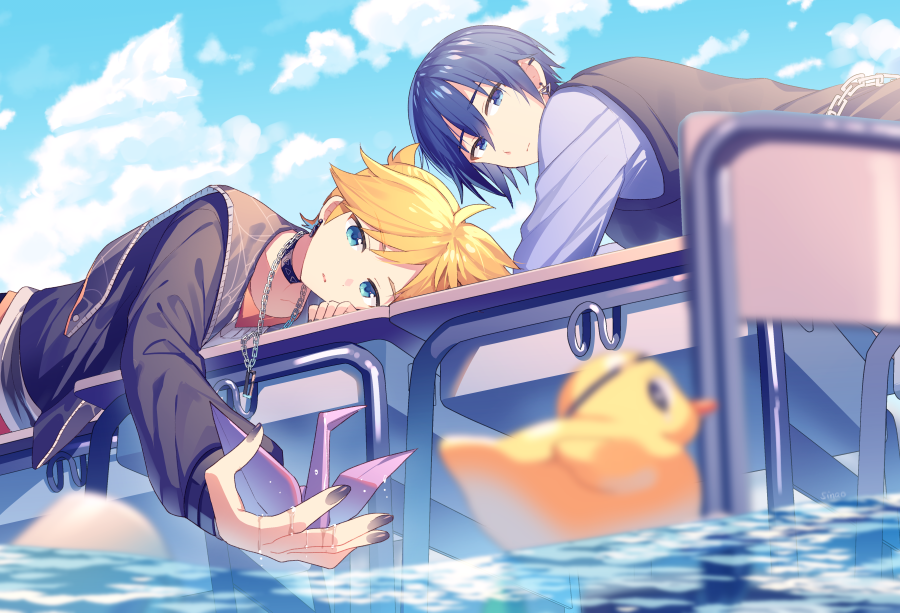 black_vest blonde_hair blue_eyes blue_hair blue_shirt chain chain_necklace chair cloud cloudy_sky desk flood frown jewelry kagamine_len kaito_(vocaloid) leo/need_kaito leo/need_len necklace origami paper_crane rubber_duck school_chair school_desk shirt sinaooo sky vest vocaloid