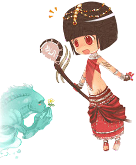 1girl blunt_bangs bob_cut brown_hair chibi female_focus flower guild_wars_(series) guild_wars_1 gwen_(guild_wars) lowres midriff red_eyes sandals short_hair skirt smile solo staff transparent_background