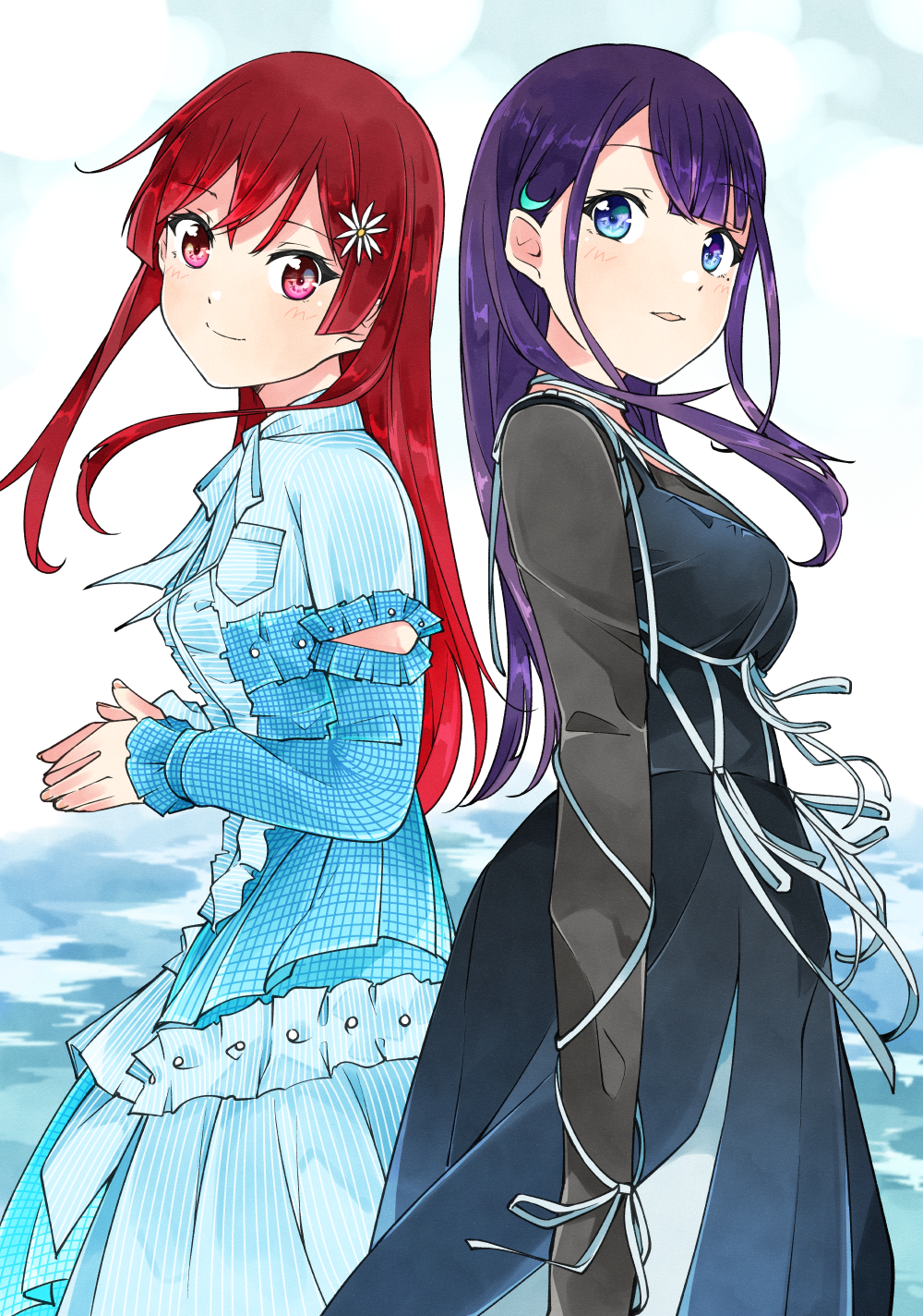 22/7 2girls aqua_dress ato_de_wakaru_koto black_dress blush center-flap_bangs dress fanged_bangs floating_hair flower from_side hair_flower hair_ornament highres ichinose_hotaru long_hair long_sleeves looking_to_the_side mole mole_under_eye multiple_girls muzui own_hands_clasped own_hands_together parted_lips purple_eyes purple_hair red_eyes red_hair sato_reika see-through_clothes see-through_dress smile trefle_r white_flower