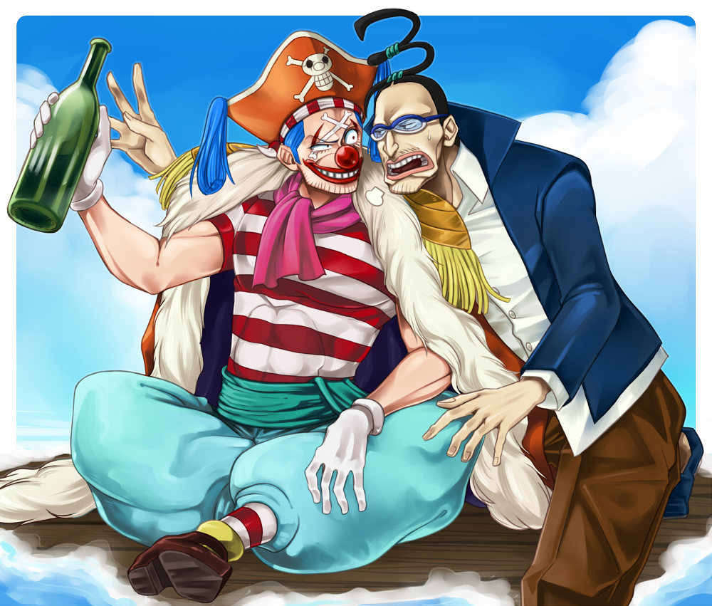 2boys black_hair blue_hair bottle buggy_the_clown clown_nose crossed_legs epaulettes facial_mark floating_hair full_body galdino glasses gloves grin hat holding holding_bottle jolly_roger m516 makeup male_focus multiple_boys one_piece open_mouth pirate pirate_hat red_nose scarf shirt short_hair sitting skull_and_crossbones sleeveless sleeveless_shirt smile striped_clothes striped_shirt vertical-striped_clothes vertical-striped_shirt white_gloves