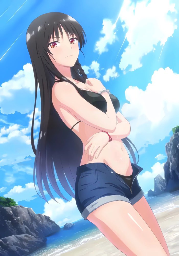 1girl alya_l16 artist_request beach between_breasts bikini black_bikini black_hair braid breasts cleaned closed_mouth cloud cloudy_sky collarbone covering_stomach day embarrassed frown hand_up horikita_suzune long_hair looking_at_viewer medium_breasts mountain navel nose ocean official_art open_clothes open_shorts red_eyes sand shorts sky solo standing swimsuit thighs tomose_shunsaku tree wristband youkoso_jitsuryoku_shijou_shugi_no_kyoushitsu_e