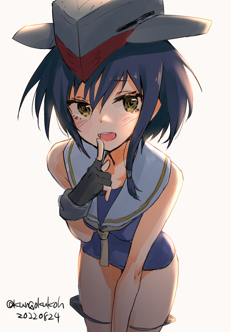 1girl asymmetrical_hair black_gloves black_hair black_one-piece_swimsuit breast_cutout brown_eyes brown_neckerchief cowboy_shot crop_top dated framed_breasts gloves hair_between_eyes headphones i-13_(kancolle) kangoku_kou kantai_collection leaning_forward looking_at_viewer neckerchief one-hour_drawing_challenge one-piece_swimsuit open_mouth partially_fingerless_gloves round_teeth school_swimsuit short_hair simple_background single_glove solo swimsuit teeth tsurime twitter_username upper_teeth_only