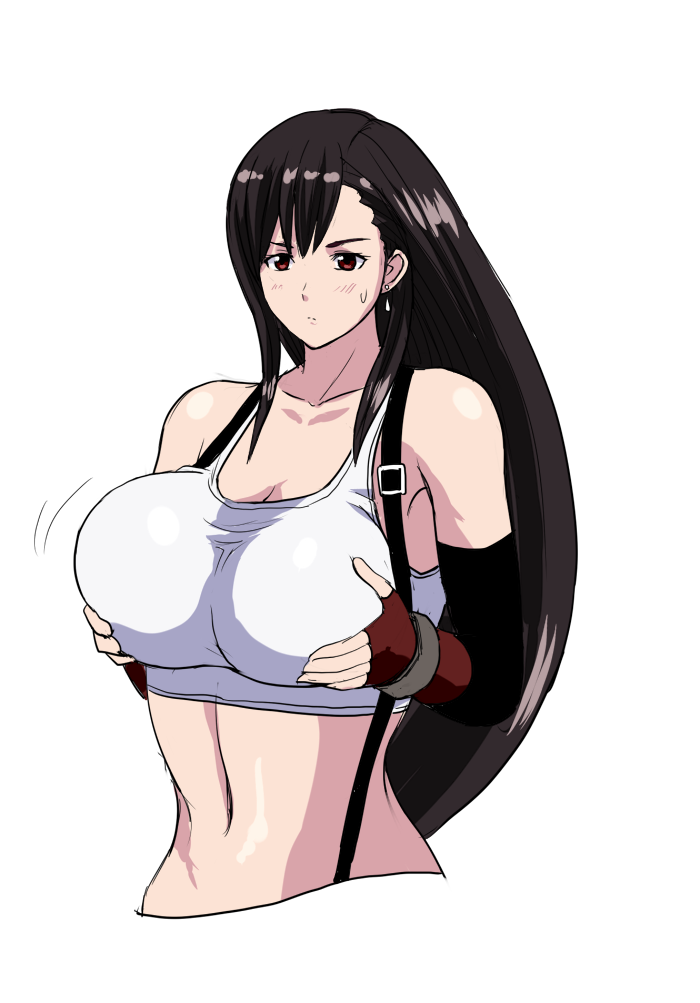 1girl 78_(tky8) armpits bare_shoulders black_gloves black_hair blush breasts cleavage elbow_gloves eyebrows_hidden_by_hair final_fantasy final_fantasy_vii fingerless_gloves gloves grabbing_another&#039;s_breast grabbing_own_breast groping hair_between_eyes large_breasts long_hair looking_at_viewer red_eyes red_gloves simple_background solo sports_bra stomach sweat tifa_lockhart upper_body vest white_background