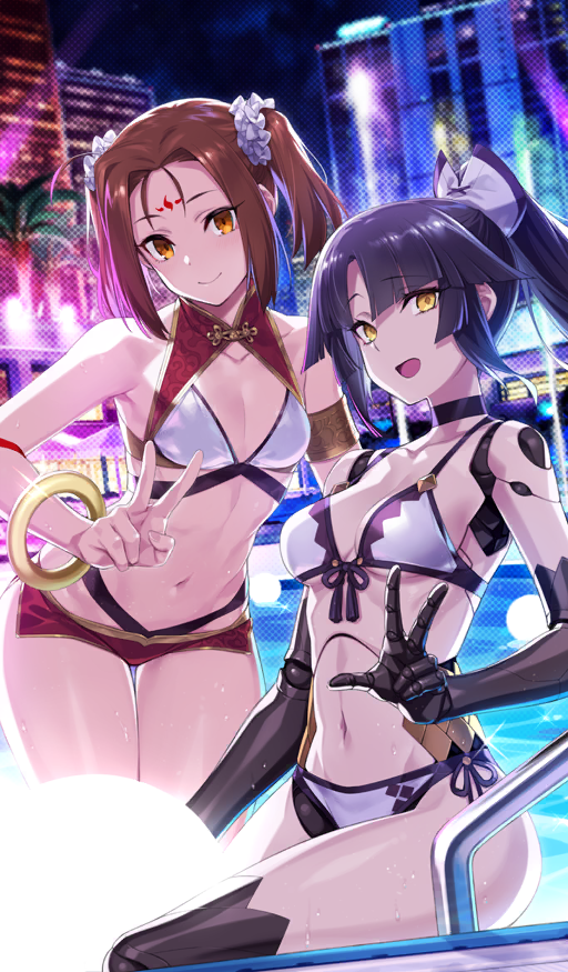 2girls architecture armband bangle bare_shoulders ben-day_dots bikini bikini_shorts black_choker black_hair blunt_bangs bracelet breasts brown_eyes brown_hair building chinese_clothes choker cleavage closed_mouth colored_extremities commentary curtained_hair diffraction_spikes doll_joints facial_mark fate/grand_order fate_(series) forehead_mark front-tie_bikini_top front-tie_top glint gold_armlet hair_ornament hair_scrunchie high_ponytail jewelry joints katou_danzou_(fate) katou_danzou_(midsummer_memories)_(fate) looking_at_viewer medium_breasts multicolored_bikini multiple_girls navel nezha_(fate) nezha_(midsummer_memories)_(fate) night official_art open_mouth outdoors parted_bangs partially_submerged ponytail pool pool_ladder saitou_hiroki screentones scrunchie short_hair short_twintails shorts side-tie_bikini_bottom sidelocks small_breasts smile swimsuit third-party_source twintails two-tone_bikini underboob v w water wet white_bikini white_scrunchie yellow_eyes