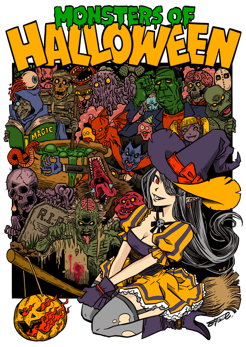 1girl black_ribbon blonde_hair blood book border bow brain breasts broom broom_riding cauldron cleavage demon dracula english_text flyace frankenstein frankenstein&#039;s_monster garter_straps gloves grey_hair grin hair_over_one_eye halloween hat hat_bow jack-o&#039;-lantern mask mummy original pointy_ears puffy_short_sleeves puffy_sleeves purple_footwear purple_gloves ribbon saliva short_sleeves skeleton slime_(creature) smile snake thighhighs tombstone torn_clothes torn_thighhighs twintails vampire werewolf white_border witch witch_hat zombie