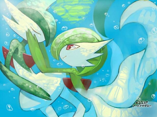 bob_cut bubble closed_eyes colored_skin dress gallade gardevoir gen_3_pokemon gen_4_pokemon green_hair green_skin hands_on_another&#039;s_face multicolored_skin nintendo pink_eyes pokemon pokemon_art_academy smile takenokonoko two-tone_skin underwater white_dress white_skin