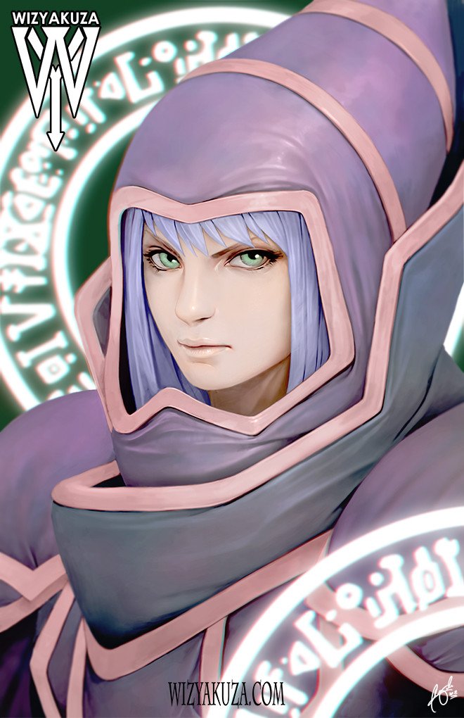 1boy artist_name blue_hair chromatic_aberration dark_magician duel_monster green_eyes hat long_hair male_focus realistic robe serious signature solo upper_body watermark web_address wizard_hat wizyakuza yu-gi-oh! yu-gi-oh!_duel_monsters