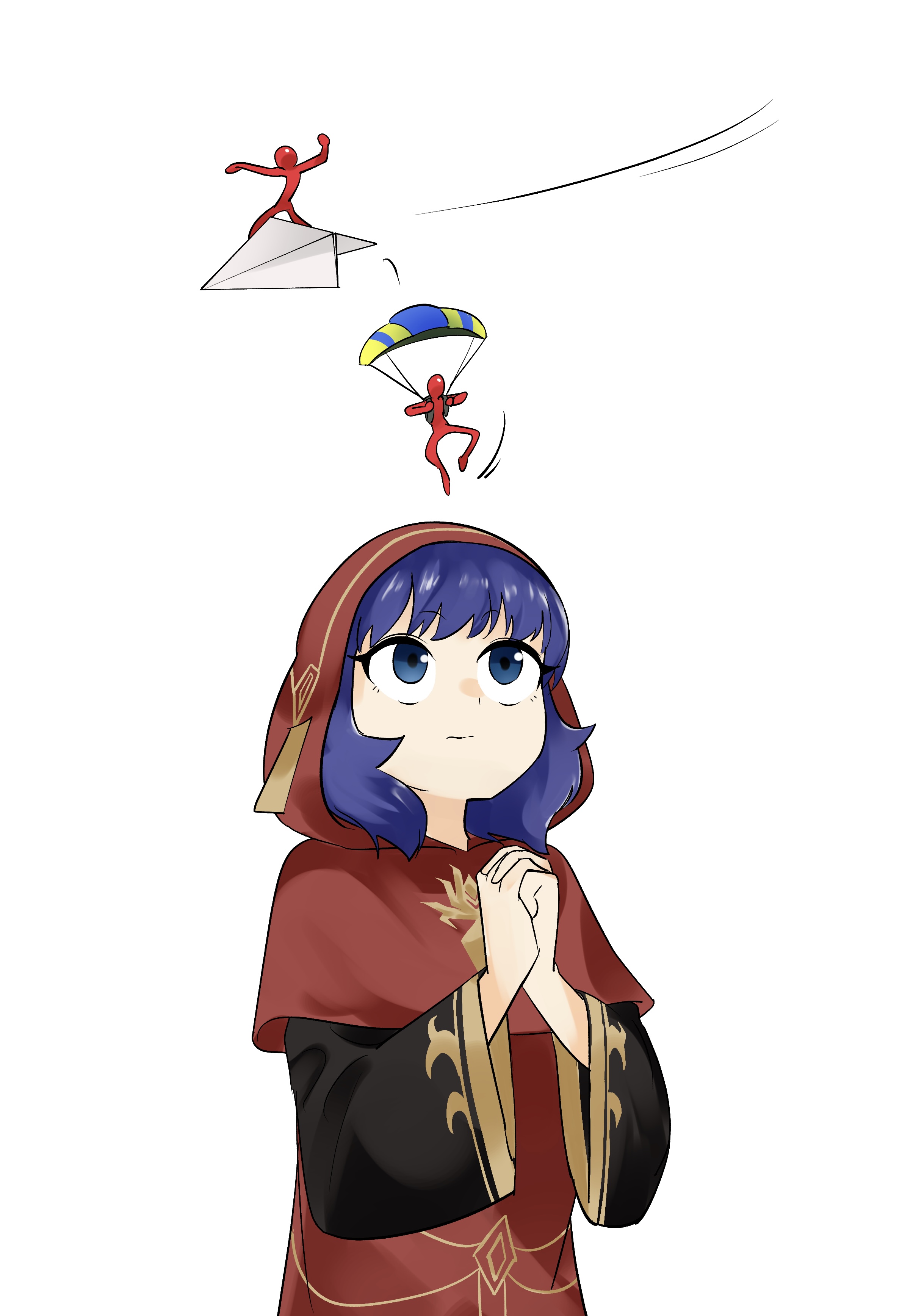 1girl 2boys absurdres aitsu_(parodius) blue_eyes blue_hair duel_monster highres lo_the_prayers_of_the_voiceless_voice looking_up multiple_boys paper_airplane parachute parodius praying red_robe robe sawan_cutman white_background yu-gi-oh!