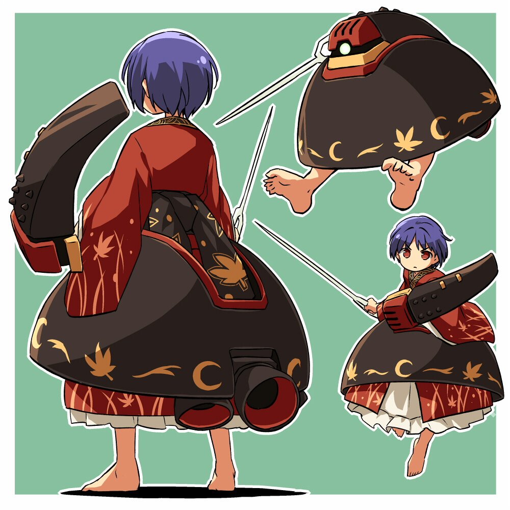 1girl barefoot baund_doc bowl female_focus full_body green_background gundam japanese_clothes kimono mecha_musume needle purple_hair red_eyes short_hair simple_background solo standing sukuna_shinmyoumaru touhou yudepii zeta_gundam