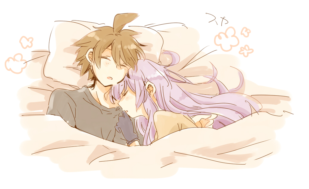 1boy 1girl ahoge black_gloves black_shirt brown_hair brown_shirt closed_eyes danganronpa:_trigger_happy_havoc danganronpa_(series) gloves kirigiri_kyoko long_hair naegi_makoto on_bed pillow purple_hair shirt short_hair sleeping zawameki