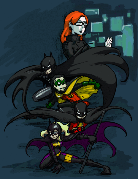 2girls 3boys barbara_gordon bat_symbol batgirl batman batman_(series) belt black_hair blonde_hair blue_eyes bo_staff boots brothers cape computer cowl damian_wayne dc_comics dick_grayson domino_mask family fighting_stance glasses gloves goshoku holographic_interface image_sample kuronegro mask multiple_boys multiple_girls oracle oracle_(dc) orange_hair pixiv_sample pole red_robin resized robin_(dc) siblings sitting staff stephanie_brown superhero_costume tim_drake weapon wheelchair